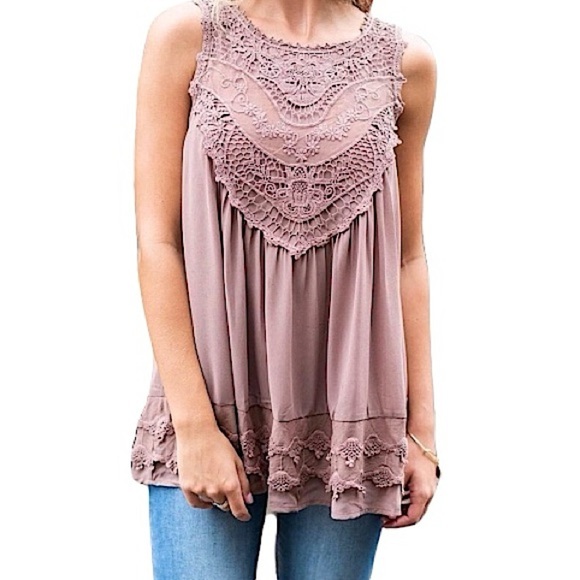 Entro Dusty Pink Lace Crochet Tank Top Sleeveless Boho Chic Women’s Size Small - Picture 2 of 9